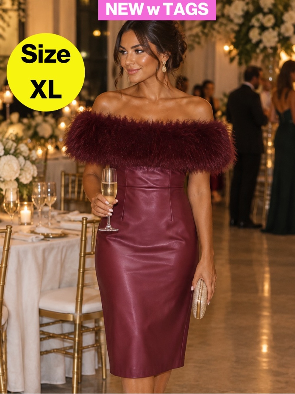 NEW w/TAGS🏷️ LORAGAL Off-Shoulder Faux Fur, Faux Leather Midi Dress (Women’s XL)